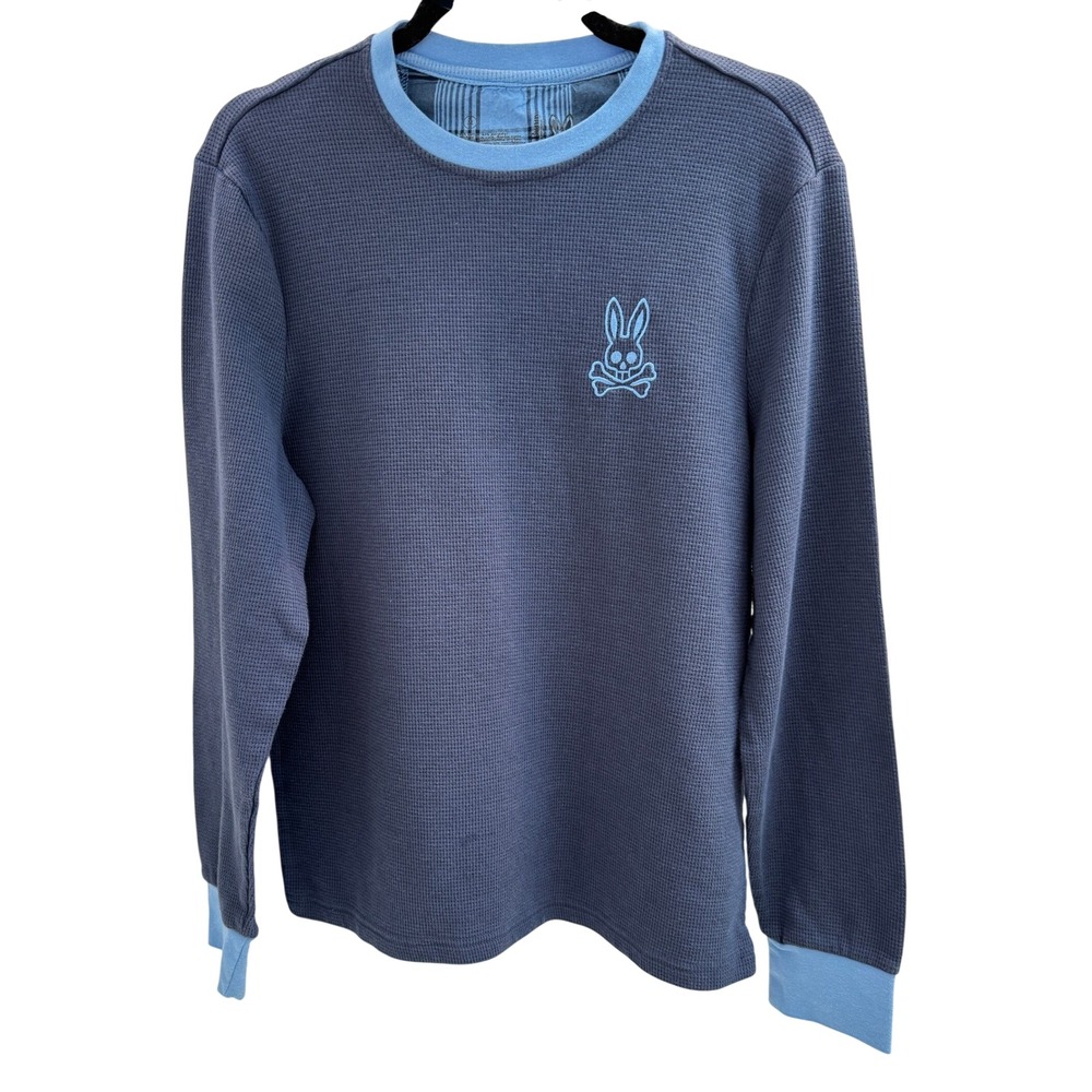 Psycho Bunny Thermal Shirt Mens Medium Blue Waffle Knit Logo Skull Bones
